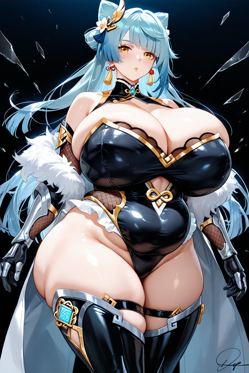 Armored Technologic Silver Thigh High Boots, Hyper Voluptuous Giant Fat Ass, Signature Xingqiu From Genshin Impact Head Hentai AI Porn