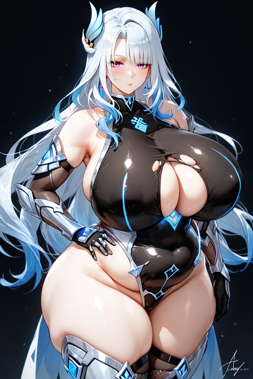 Front View, White Skin, Signature Asmoday From Genshin Impact Signature Large Stylized Silver Jewerly Hentai AI Porn