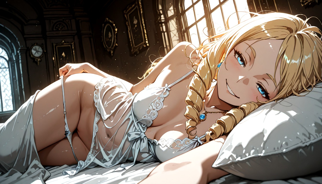 Huge Soft Luxurious Bed With Both The Princess And Viewer Under Thick Blankets, No Headwear, Ornate Mansion Bedroom Hentai AI Porn