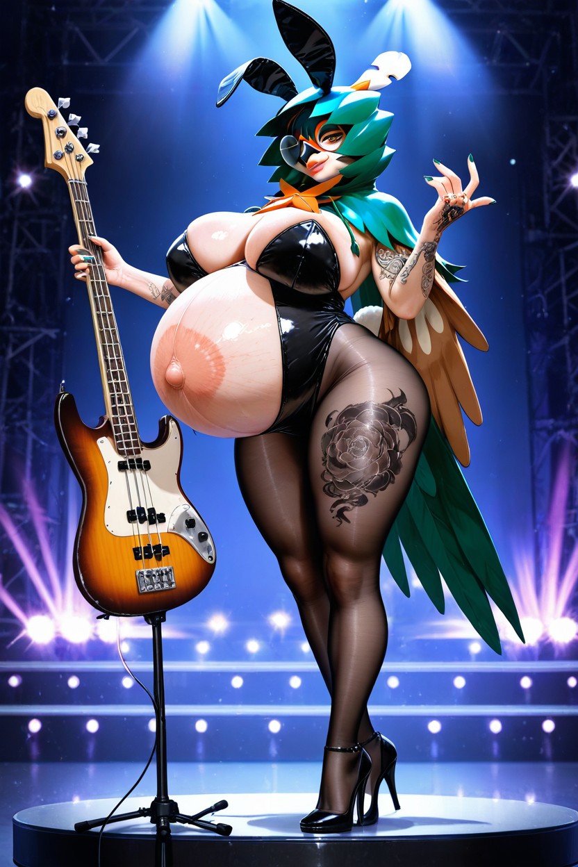 Bunny Costume, Black Leather Gloves, Bass Guitar Hentai AI Porn