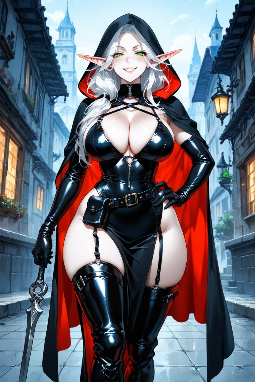A High-slit Skirt With Garter Straps, Piercing Emerald Eyes, Massive Ass Hentai AI Porn