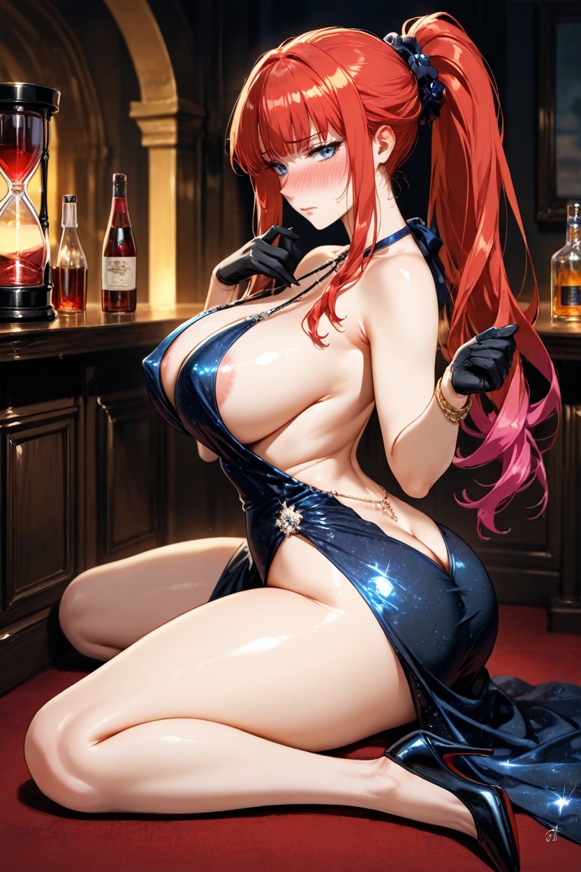Ponytail Hair Style, Fancy Black High Heels, Wedding Dress Hentai AI Porn