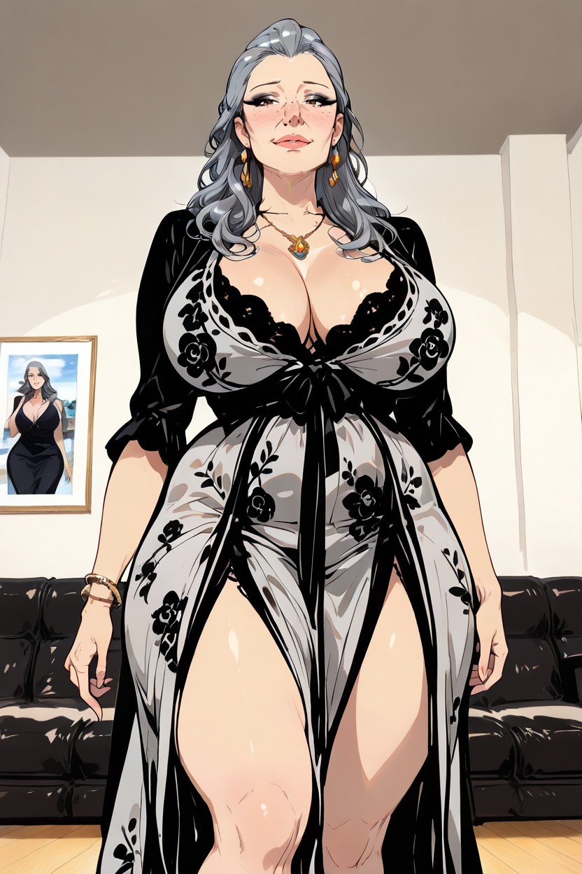 Heavy Black Eyeshadow, Freckles, Mature Woman Hentai AI Porn
