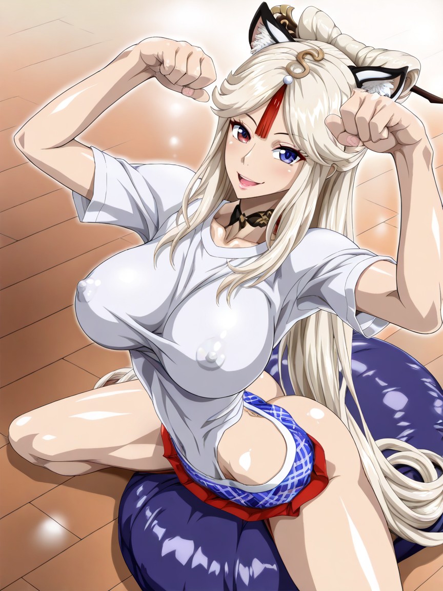 Submissive Kneeling, Blue Eyes, Erect Nipples Hentai AI Porn