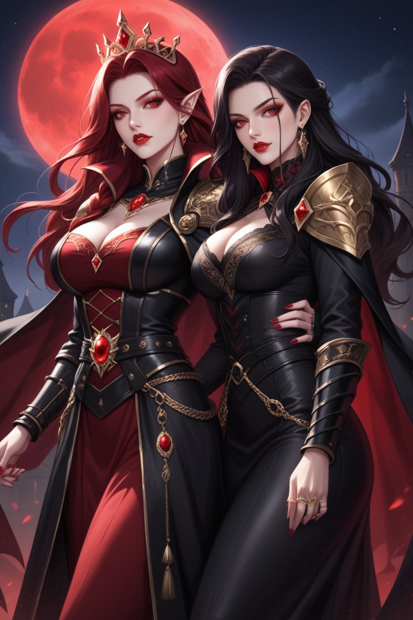 Red Gemstones, 2 People, Dark Leather Shoulder Guards Hentai AI Porn