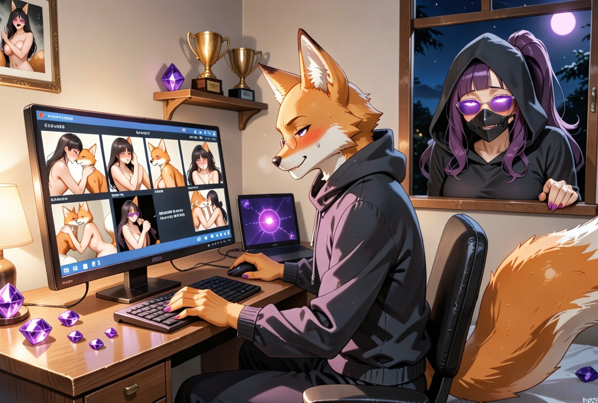 Small Breasts, Glowing Monitor, Sunglasses At Night Hentai AI Porn