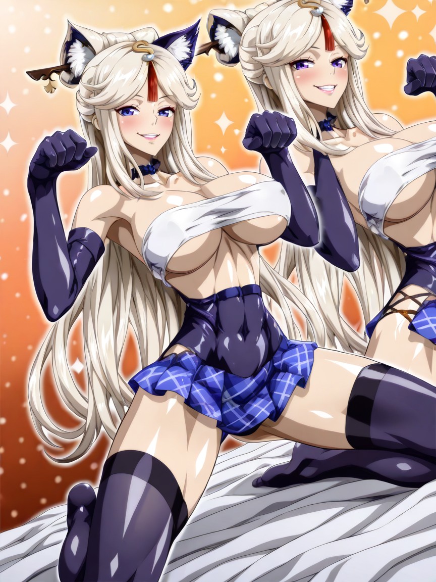 Gleeful Smile, White Hair, Latex Thigh Highs Hentai AI Porn