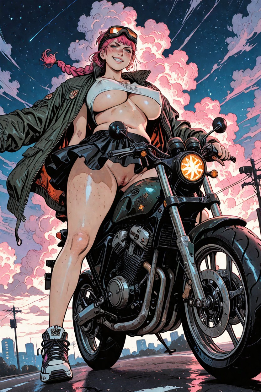 Naked, Dynamic Angle, Riding Futuristic Motorcycle Hentai IA
