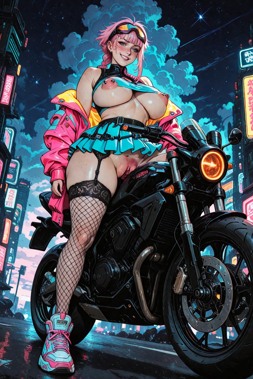 Dynamic Angle, Pink Hair, Fishnet Garter Belt Stockings Hentai AI Porn