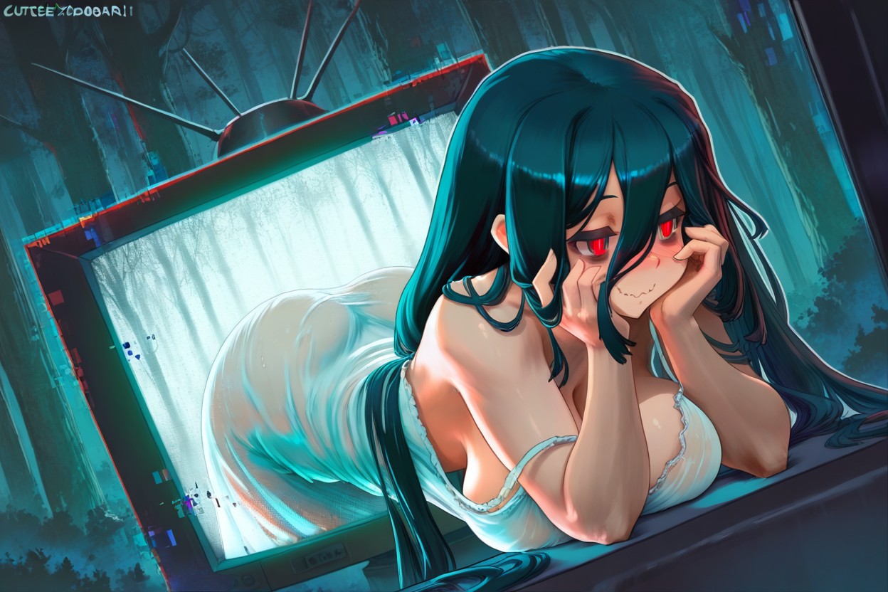 White Nightdress, Wet, Stuck Inside Television Screen Hentai AI Porn