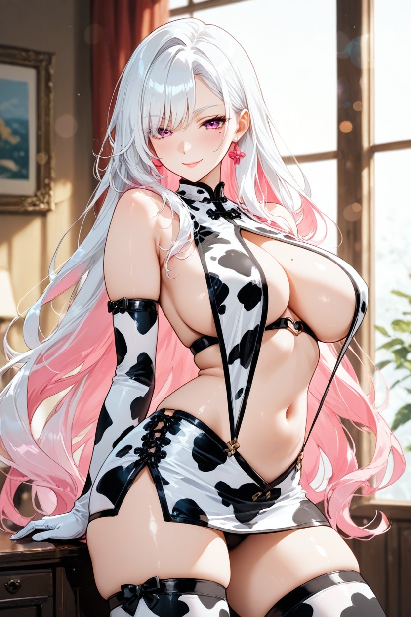 Cowprint Pattern, Soft Confident Smile, Slightly Tilted Head Hentai AI Porn