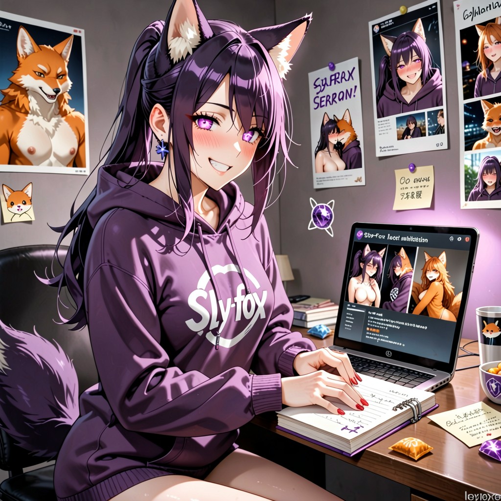 Wears Dark Purple Oversized Hoodie With Fake Fox Ears, Exaggerated Yandere Expression, Blissful Crazy Smile Hentai AI Porn