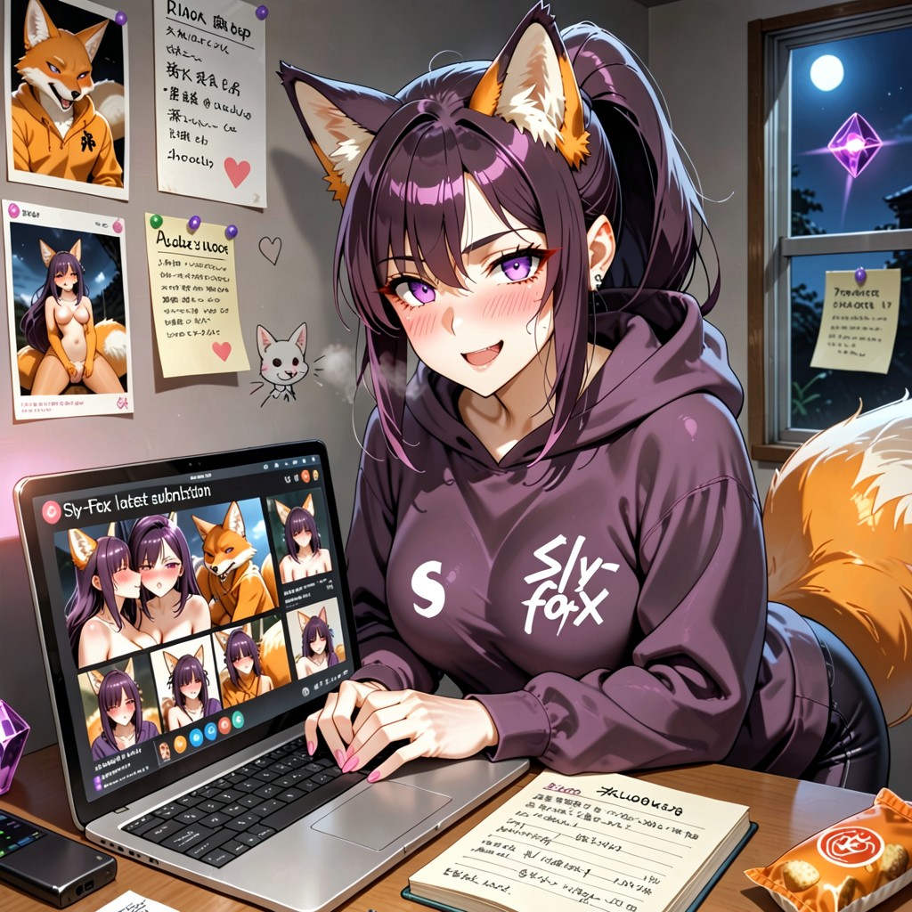 Wears Dark Purple Oversized Hoodie With Fake Fox Ears, Anime Illustration, Crazed Insane Expression Porno IA Hentai
