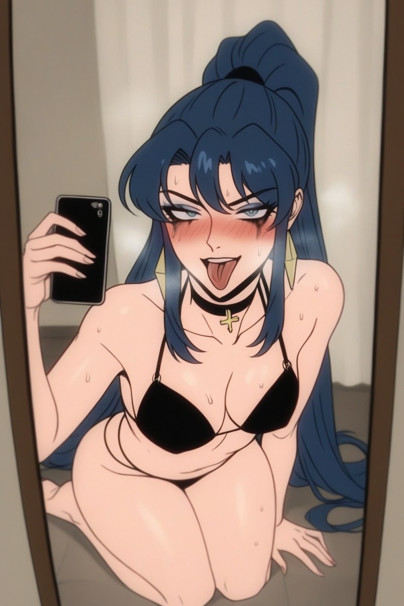 Mouth Wide Open, Mirror Selfie With Her Iphone, Dark Mysterious Basement At Night Time Hentai IA