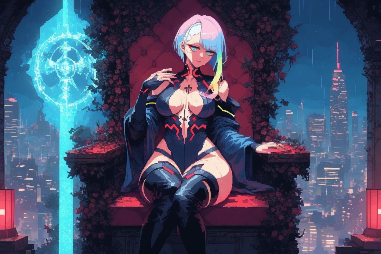 25+, City Lights Blurring In The Background, Thigh-high Boots With Led Strips Hentai IA