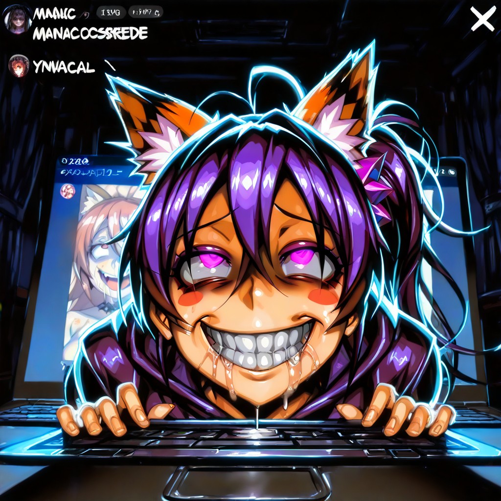 Blissful Crazy Smile, Crazy, Woman With Fake Fox Ears And Dark Purple Side Ponytail Hair Alone In Her Bedroom At Night Hentai AI Porn