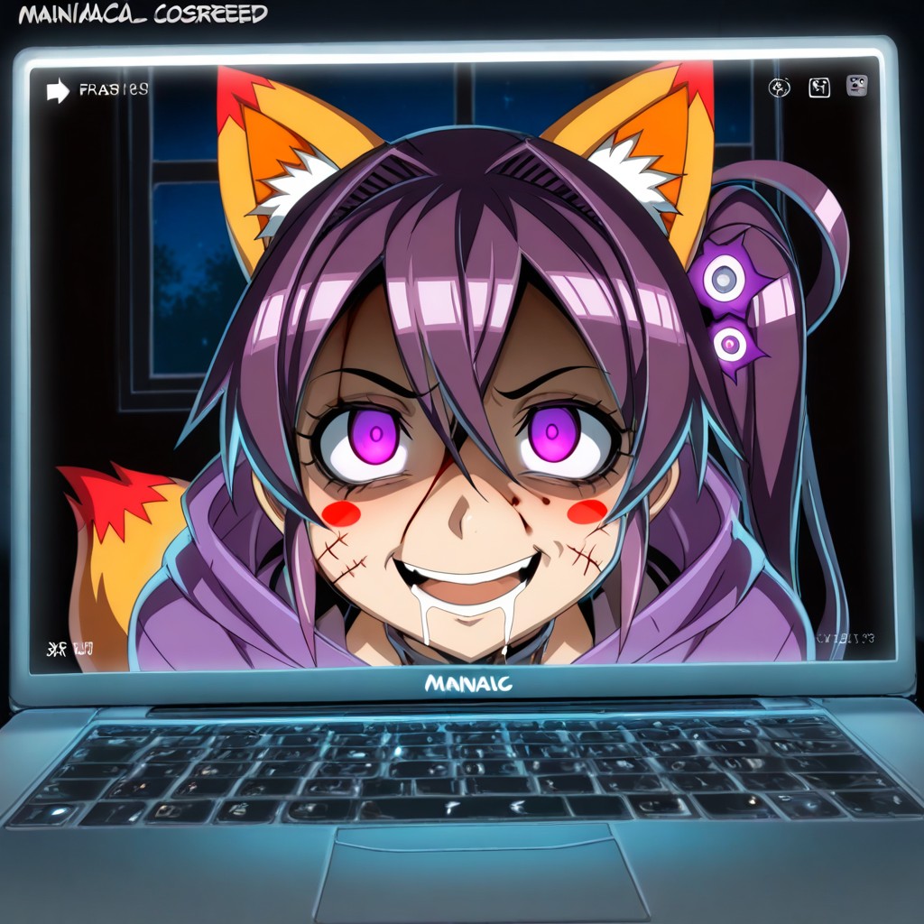 Face Focus, "sly-fox" Logo On The Hoodie, Woman With Fake Fox Ears And Dark Purple Side Ponytail Hair Hentai AI Porn