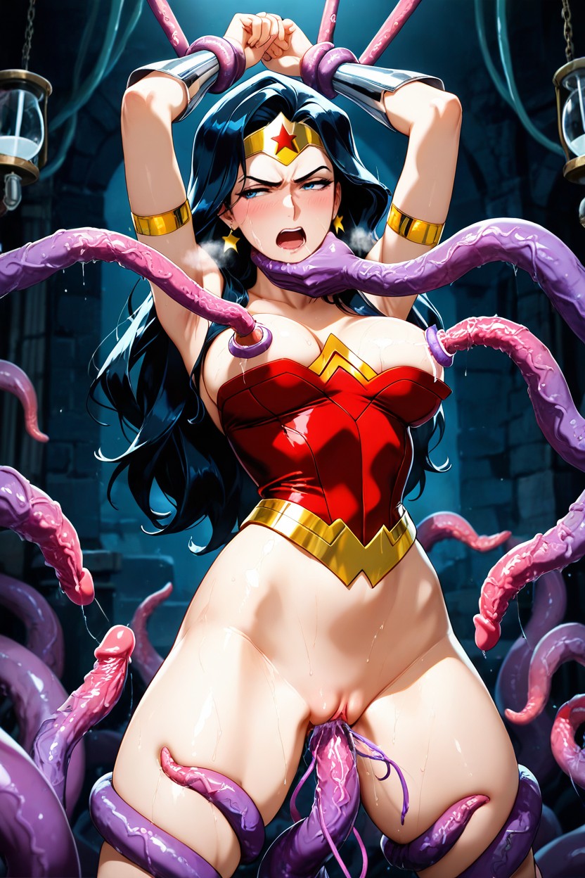 Tentacles Around Belly, Wonder Woman From Justice League Unlimited, Grabbing Another's Chin From Viewer Hentai AI Porn
