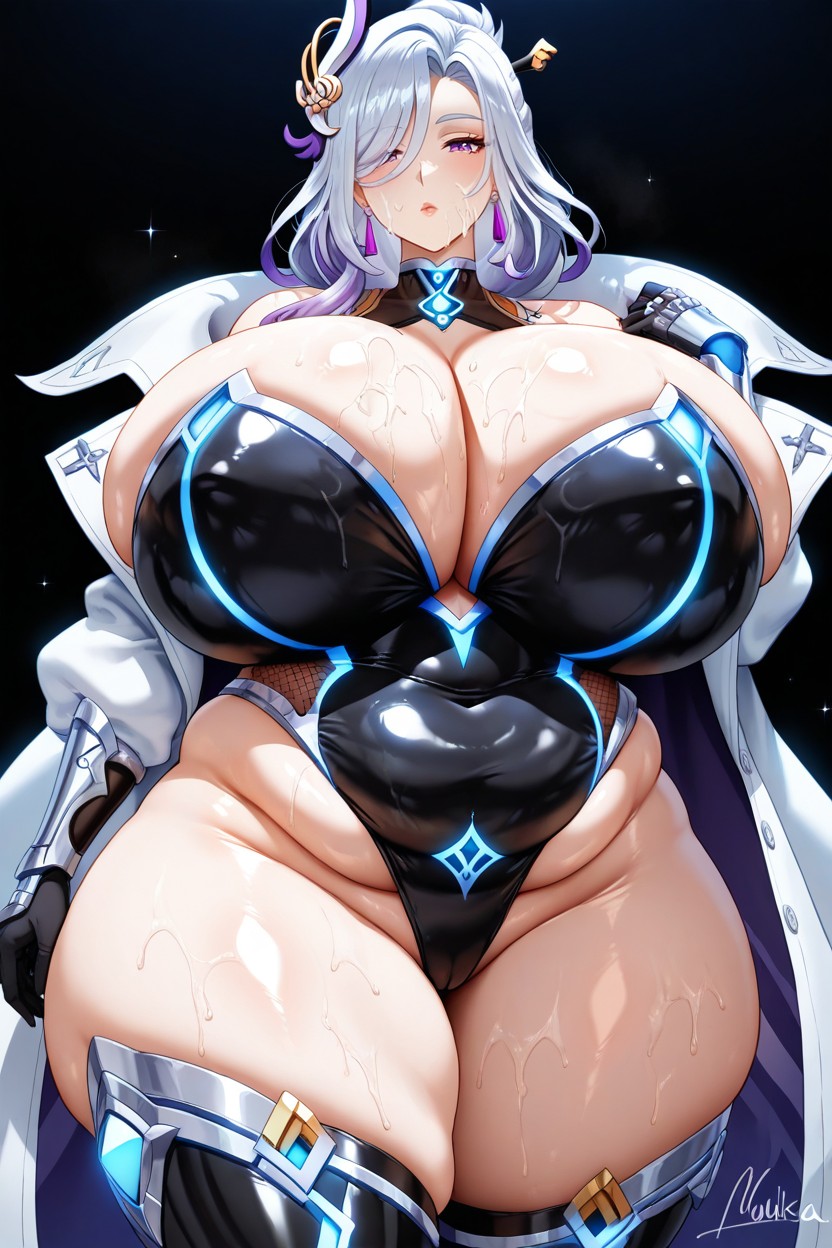 Hyper Voluptuous Giant Fat Ass, Wearing Excessively Fat Shining Silver Technologic Black And White Taimanin Bodysuit, Bored Looking At Viewer Hentai AI Porn