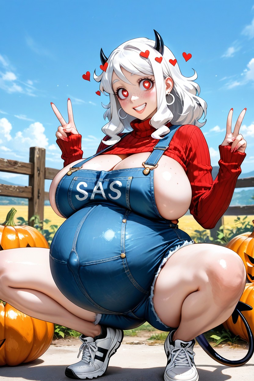 White Hair, Gigantic Wide Round Belly, Very Detailed Face Hentai AI Porn