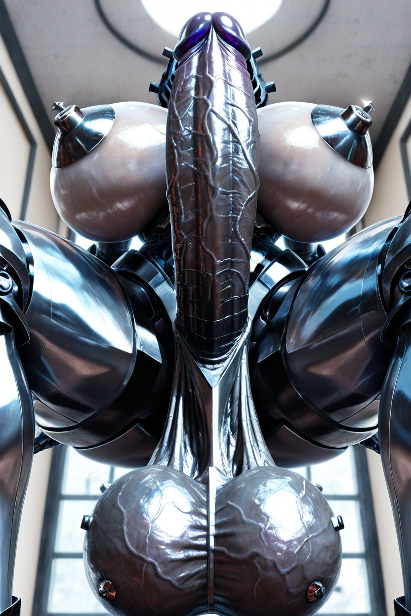 Bright Gray Metallic Skin, Covered Face, Hyper Clossal Veiny Penis Hentai AI Porn