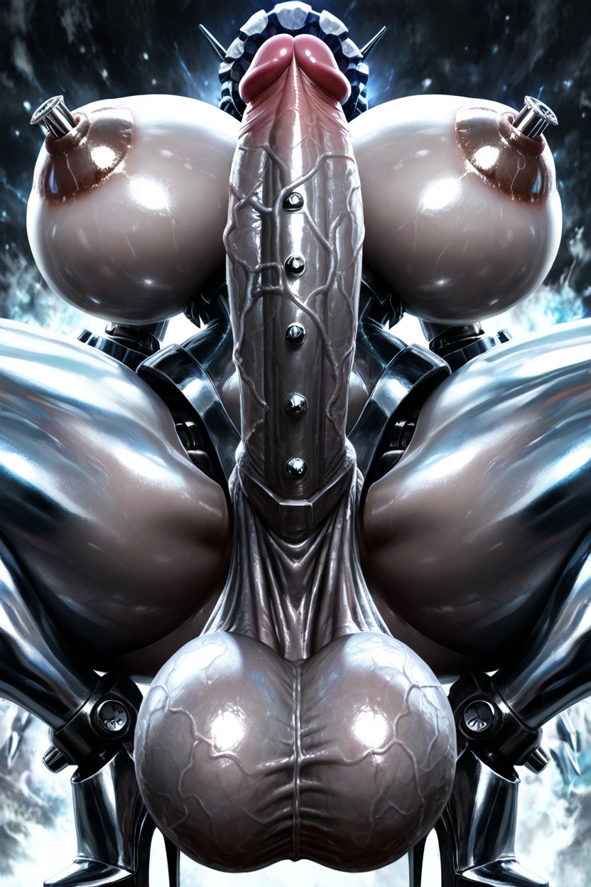Photorealistic Render, Gigantic Nipples, Bright Gray Metallic Skin Hentai AI Porn