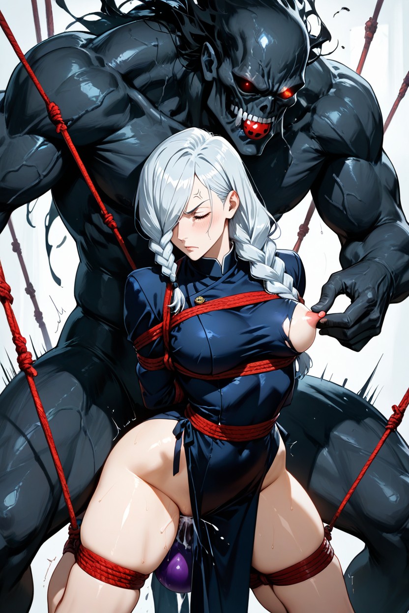 Hair Over One Eye, Long Sleeves, Dark Fitted Dress Hentai AI Porn