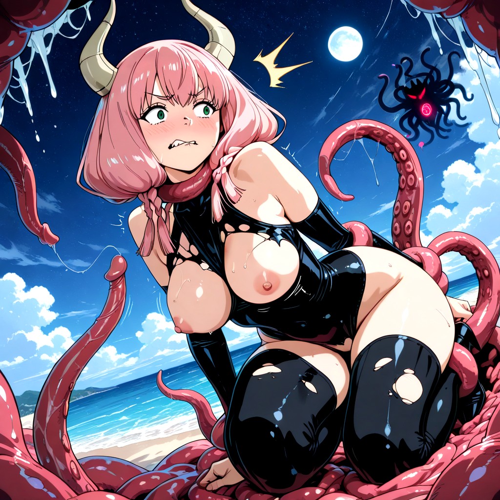 Hourglass Figure, Tentacles Wrap Around Her Breasts, Ropa Rasgada Hentai IA