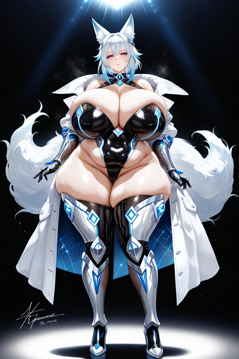 Hyper Voluptuous Giant Fat Ass, Silver Technologic Elbow Gauntlets, Armored Technologic Silver Thigh High Boots Hentai AI Porn