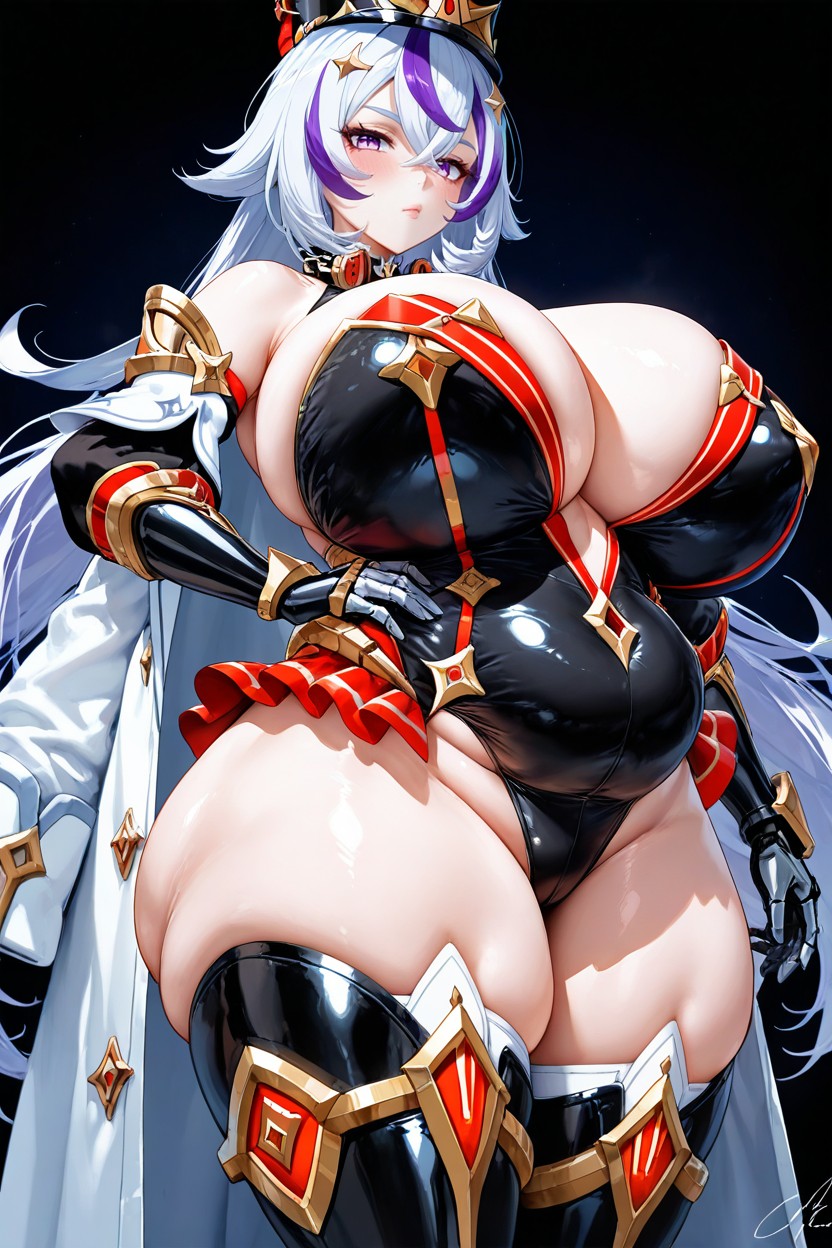 Wearing Excessively Fat Shining Silver Technologic Black And White Taimanin Bodysuit, Front Waist Shot View Angle, Large White Scientist Coat Hentai AI Porn