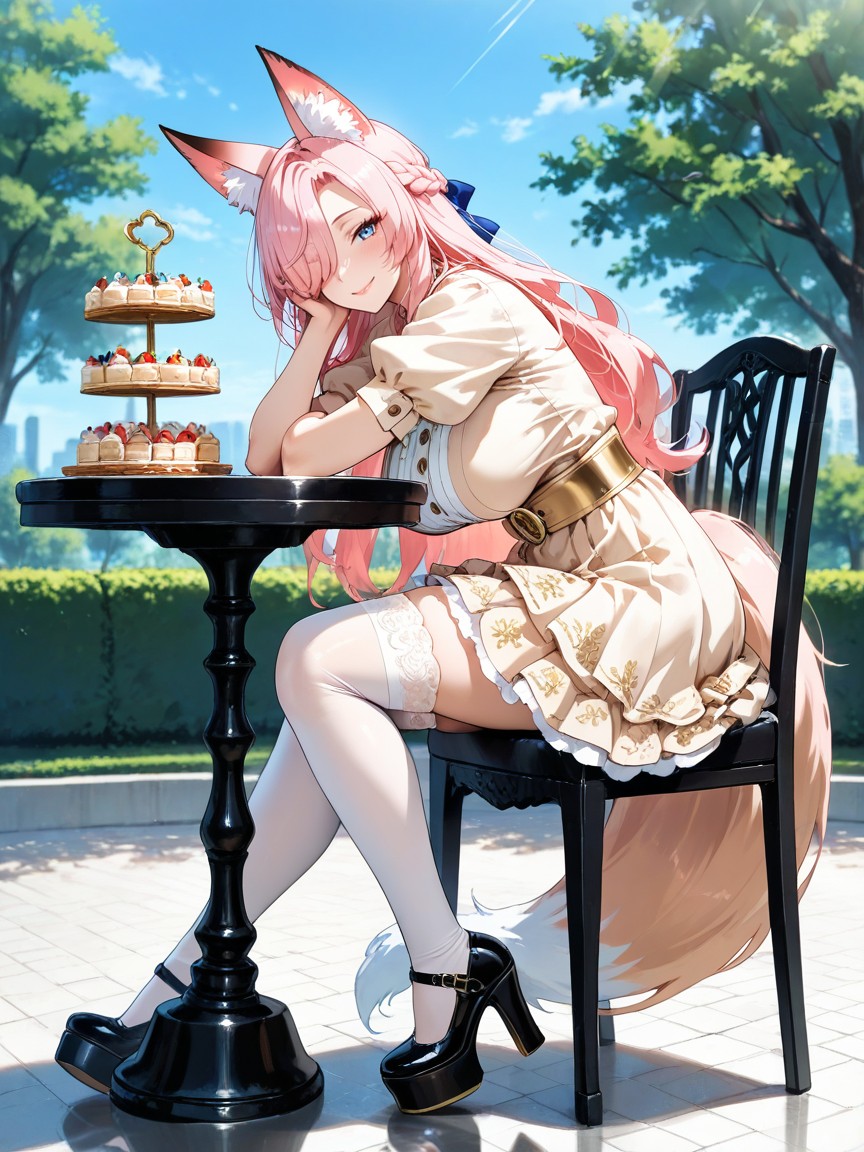 Layered Skirt, Wearing Beige Chiffon Tiered Dress With Knee Length, Solo Hentai IA