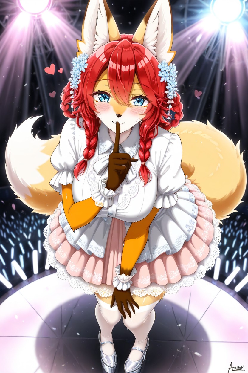 Standing, Wearing White Thighhigh Socks With Wide Ruffled Lace Cuffs, Medium Breast Hentai AI Porn