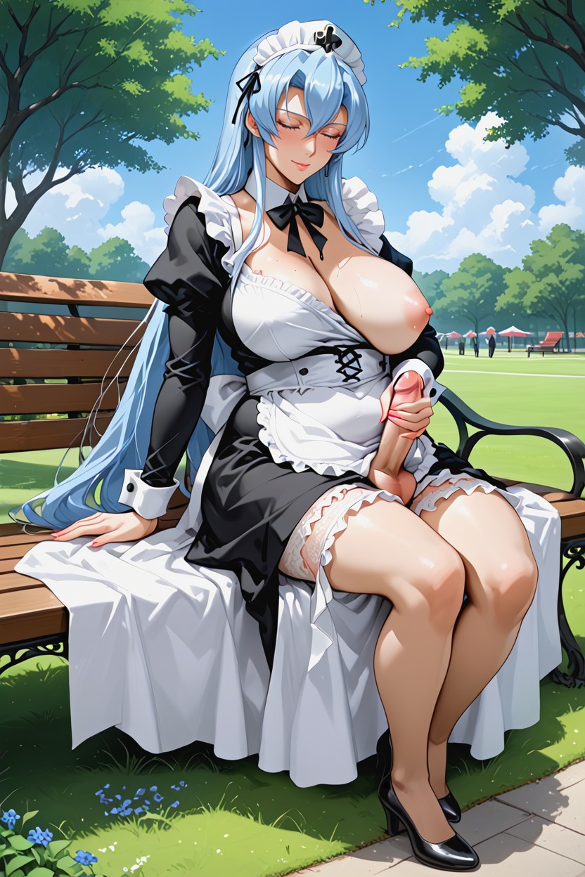 Female Giantess, Many People In The Background Walking And Playing In The Park, Woman Sitting On Park Bench Cradling Male In Her Lap Hentai AI Porn
