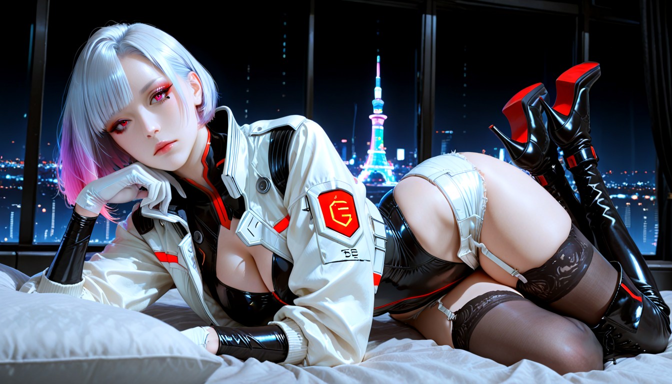 Matte Texture, Pastel Rainbow Gradient Hair, Pure Black Gabardine Bodice Hentai AI Porn