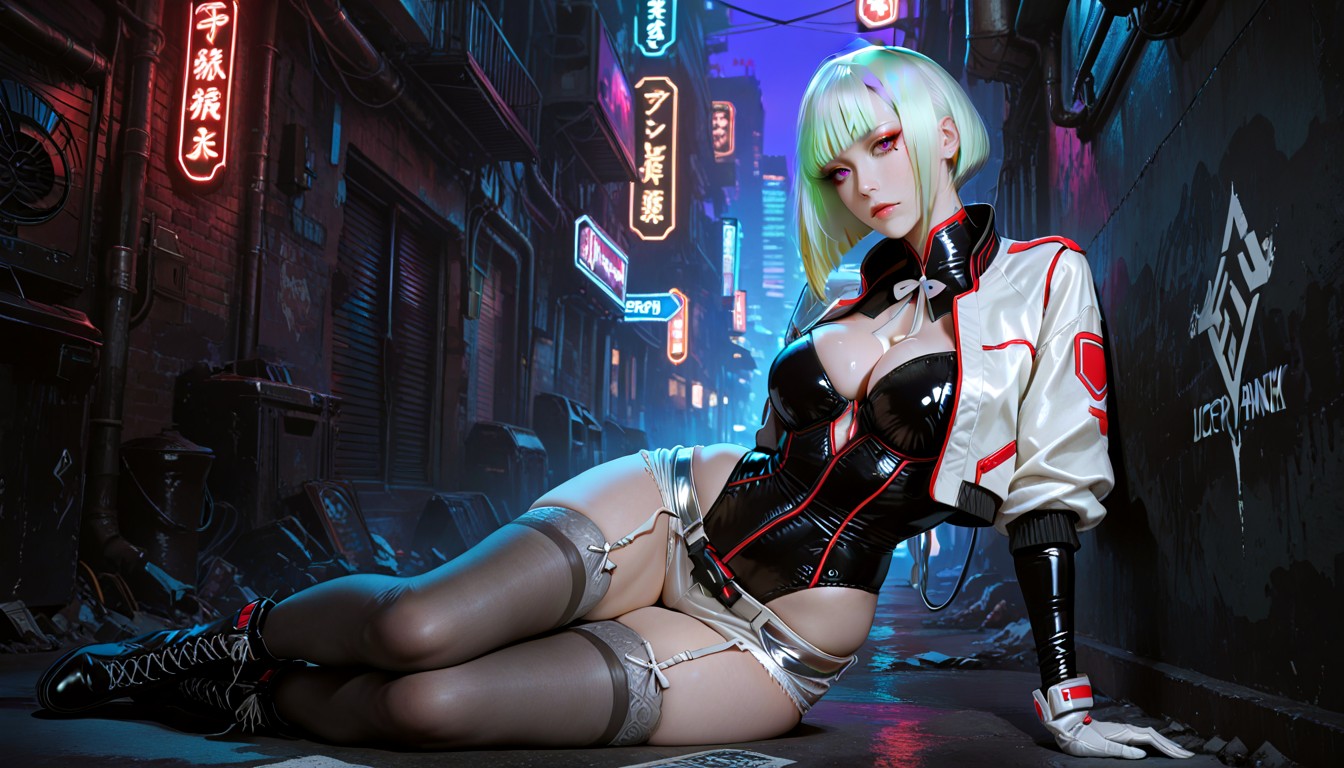 Pronounced Hourglass Silhouette, High Gray Thigh-high Stockings, Obsidian Black Fabric Hentai AI Porn