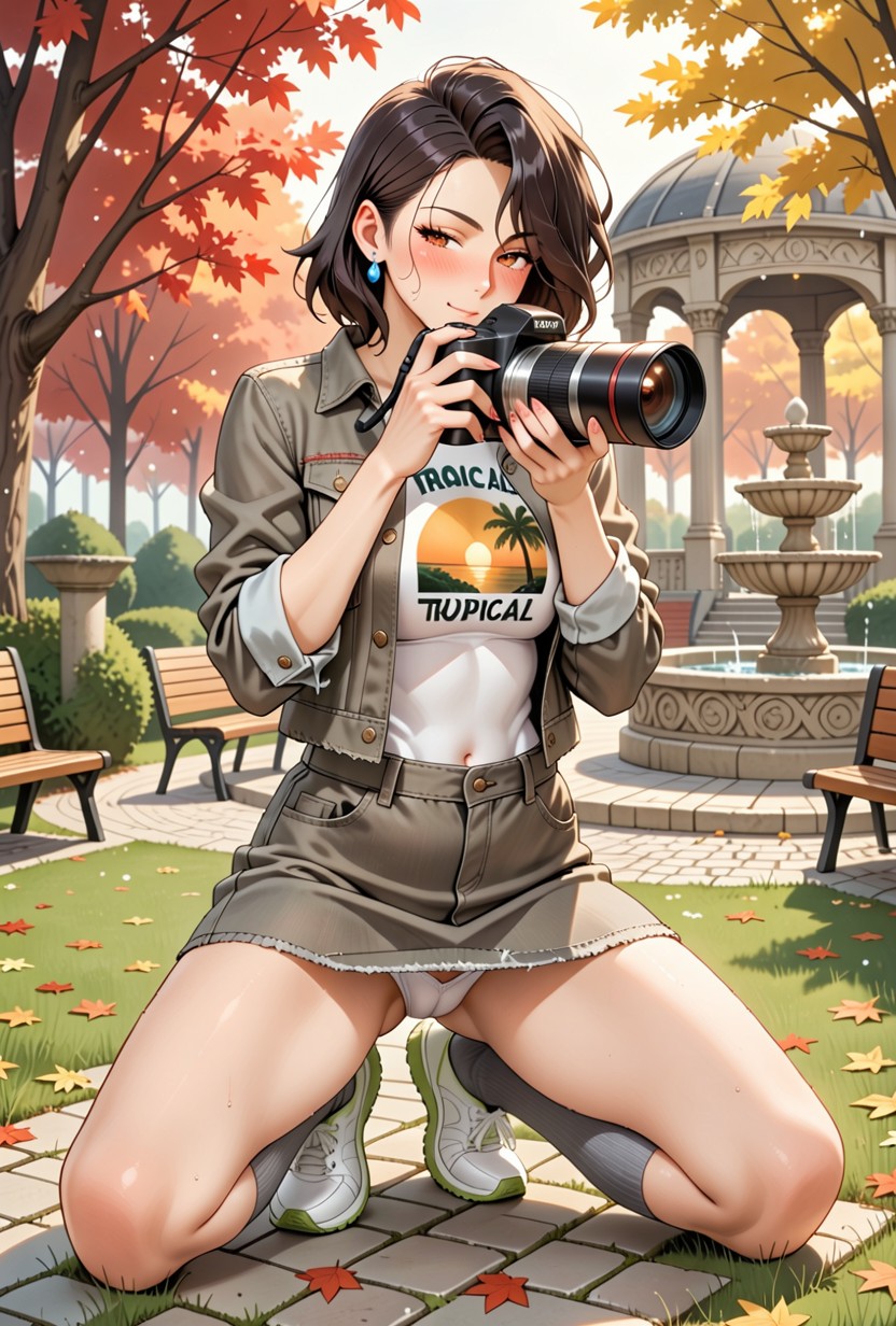 Highly Detailed, Soft Sunlight Filtering Through The Trees With, A Slightly Oversized Grey Denim Tube Skirt Hentai AI Porn