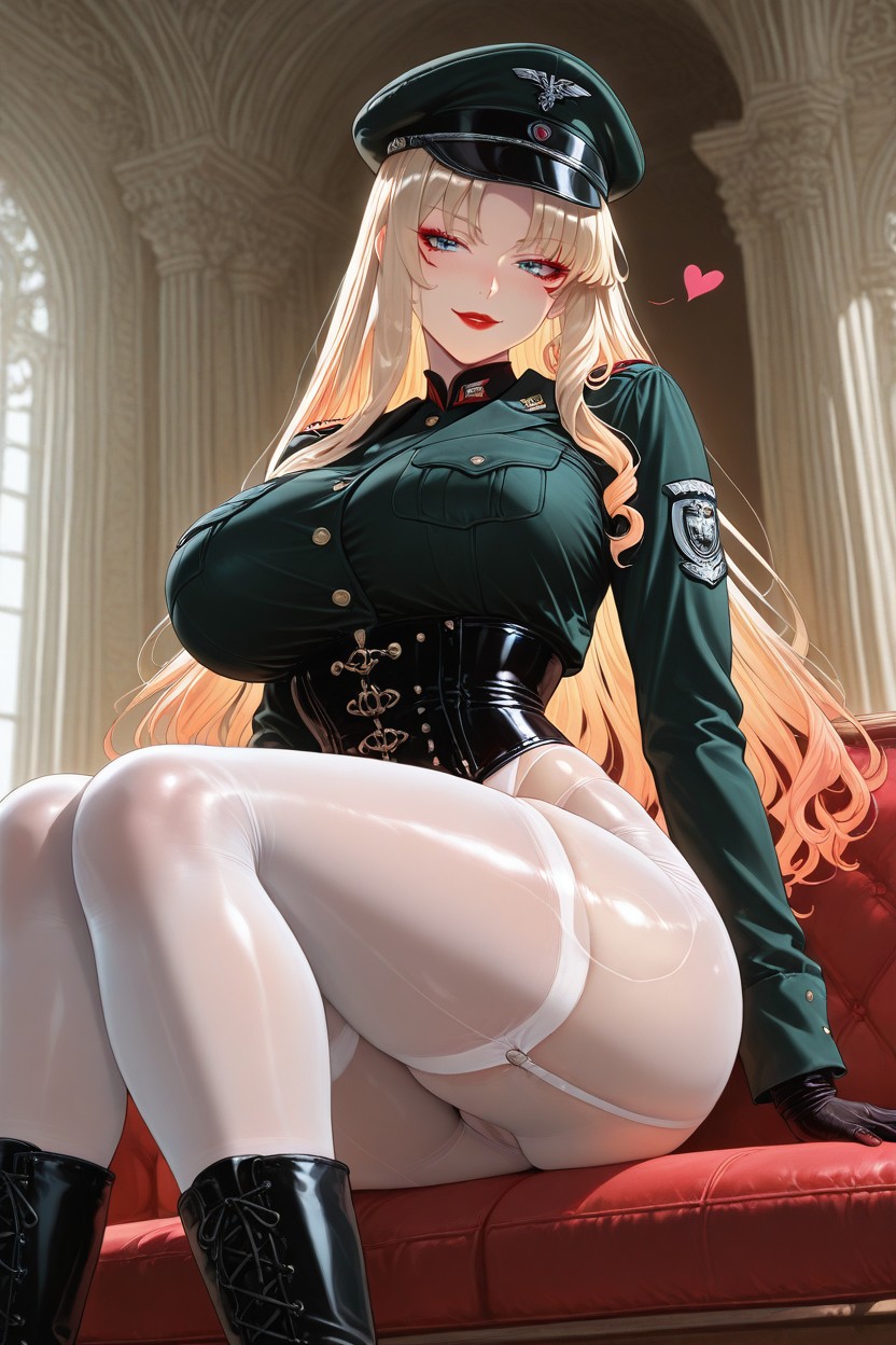 Large Almond-shaped Blue Eyes, Olive-drab Military Pin-up Uniform, Luxurious Modern Anime Key Art Hentai AI Porn