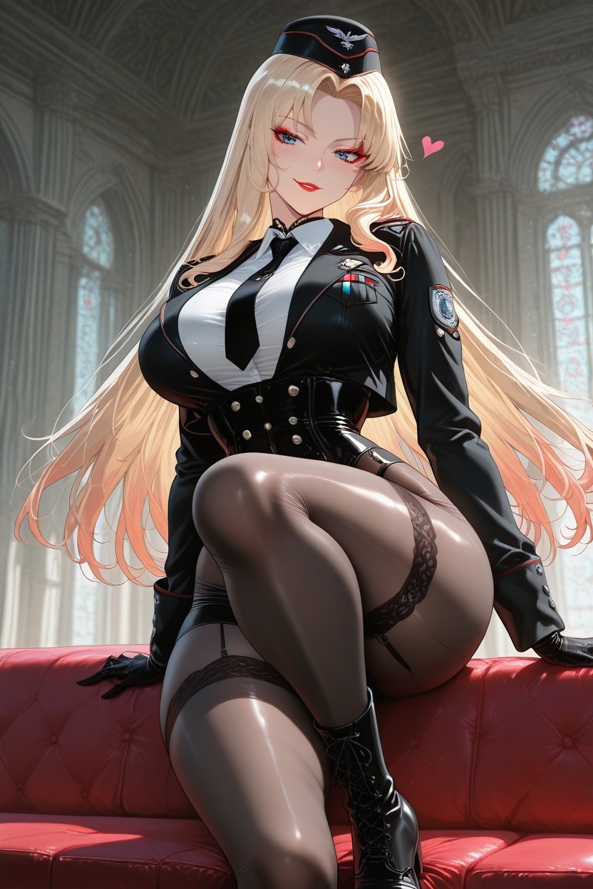 Cropped Fitted Officer Jacket, Hips Angled Toward Camera, Cheeky High-rise Olive Military Hot Pants Hentai AI Porn