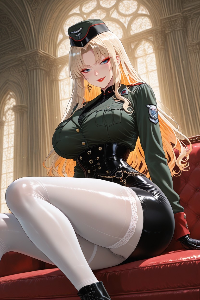 Tailored Military Construction, Spiral Curls, Cheeky High-rise Olive Military Hot Pants Hentai AI Porn
