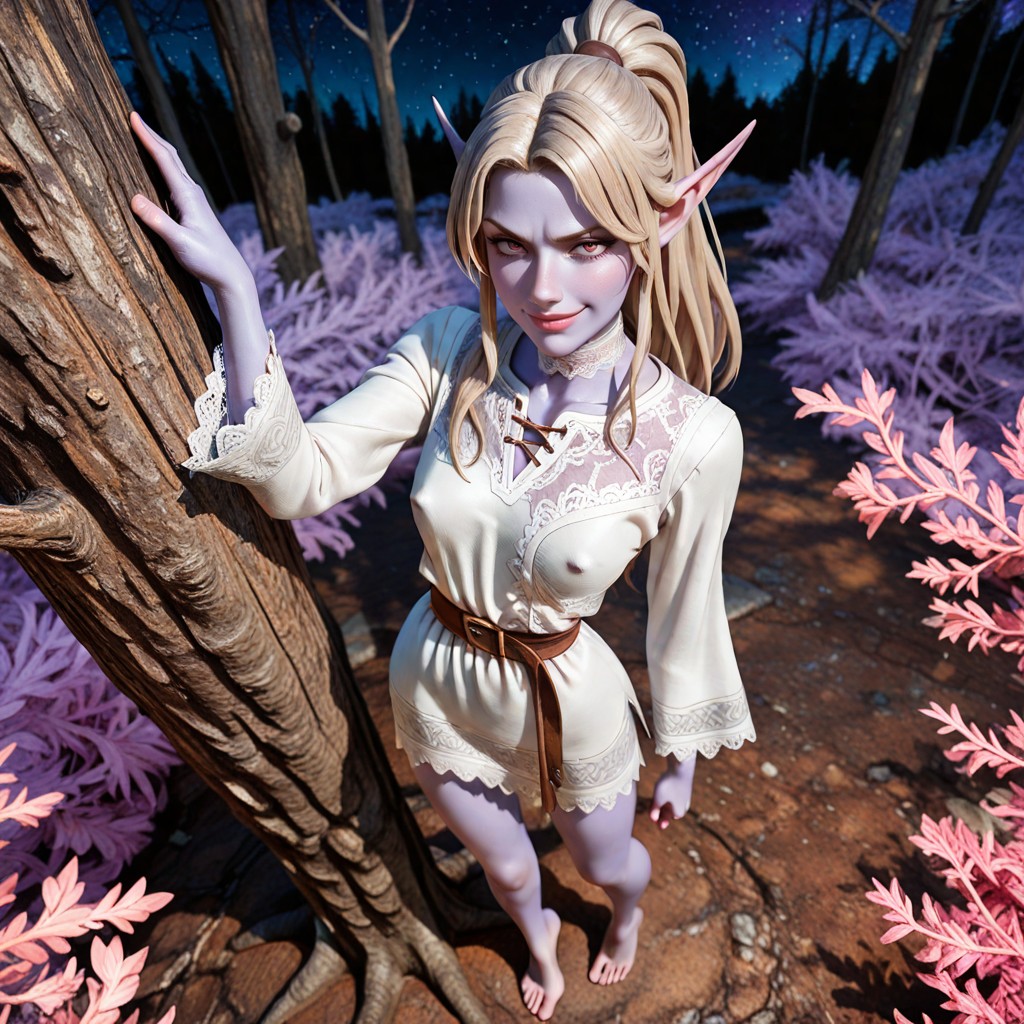 K, Top Down, Female Is Standing With Her Back Against A Tall Tree Hentai AI Porn
