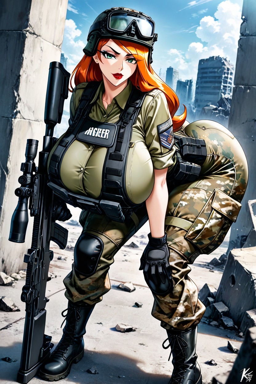 Bubble Ass, 25+, Ginger Hair Tucked Under A Camouflage Combat Helmet Hentai AI Porn