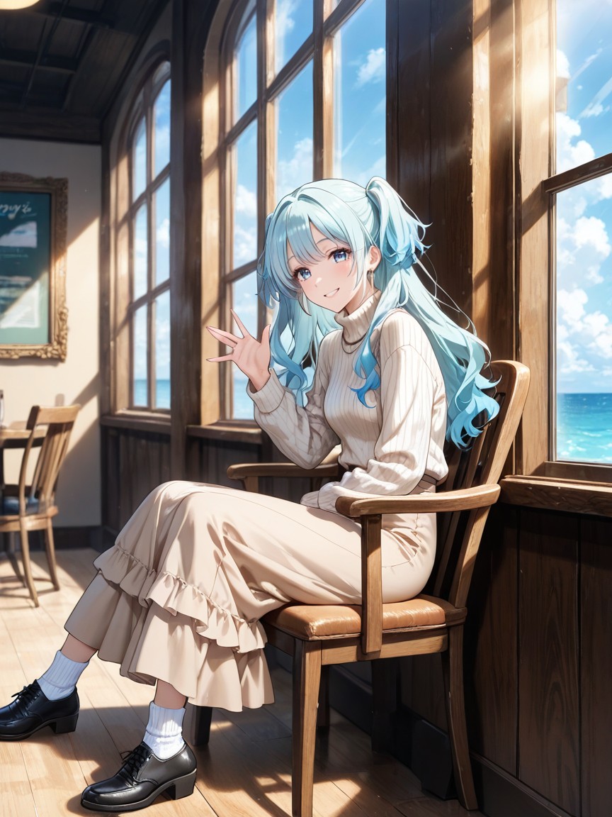 Light Blue Hair, Prety Face, Double Parted Bangs Hentai AI Porn
