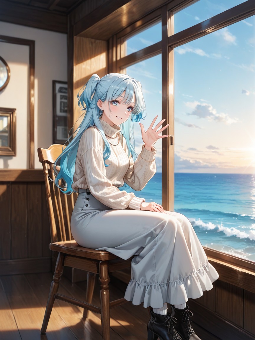 Light Blue Hair, Ultra Detailed, Sitting Wooden Chair Hentai AI Porn