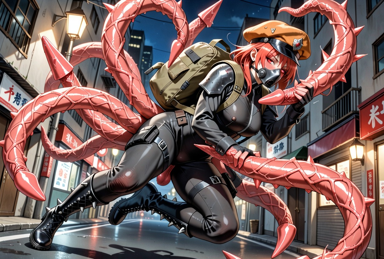 Sharp Line Art, Natural Breast, Form-fitting Black Tactical Goth Suit Hentai AI Porn