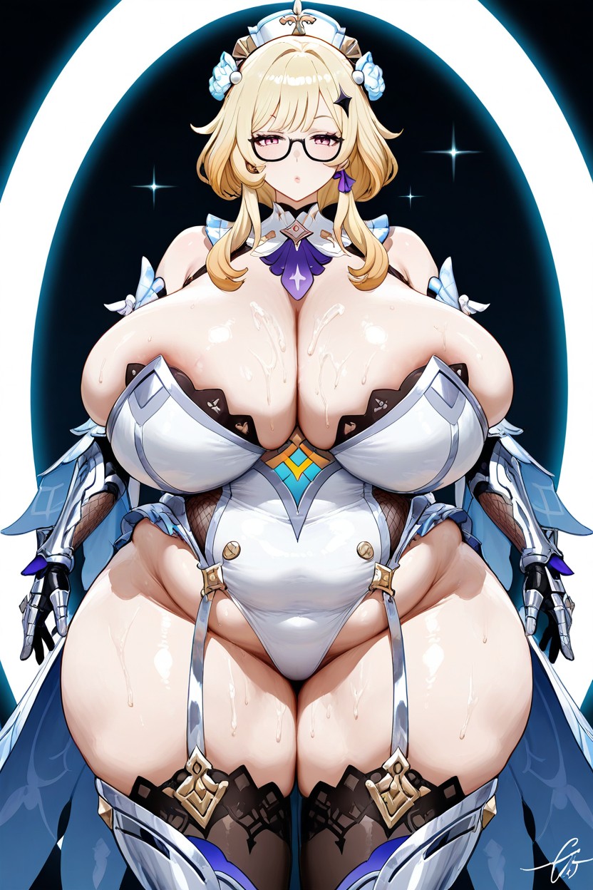 Armored Technologic Silver Thigh High Boots, Hyper Fat Legs, White Skin Hentai AI Porn