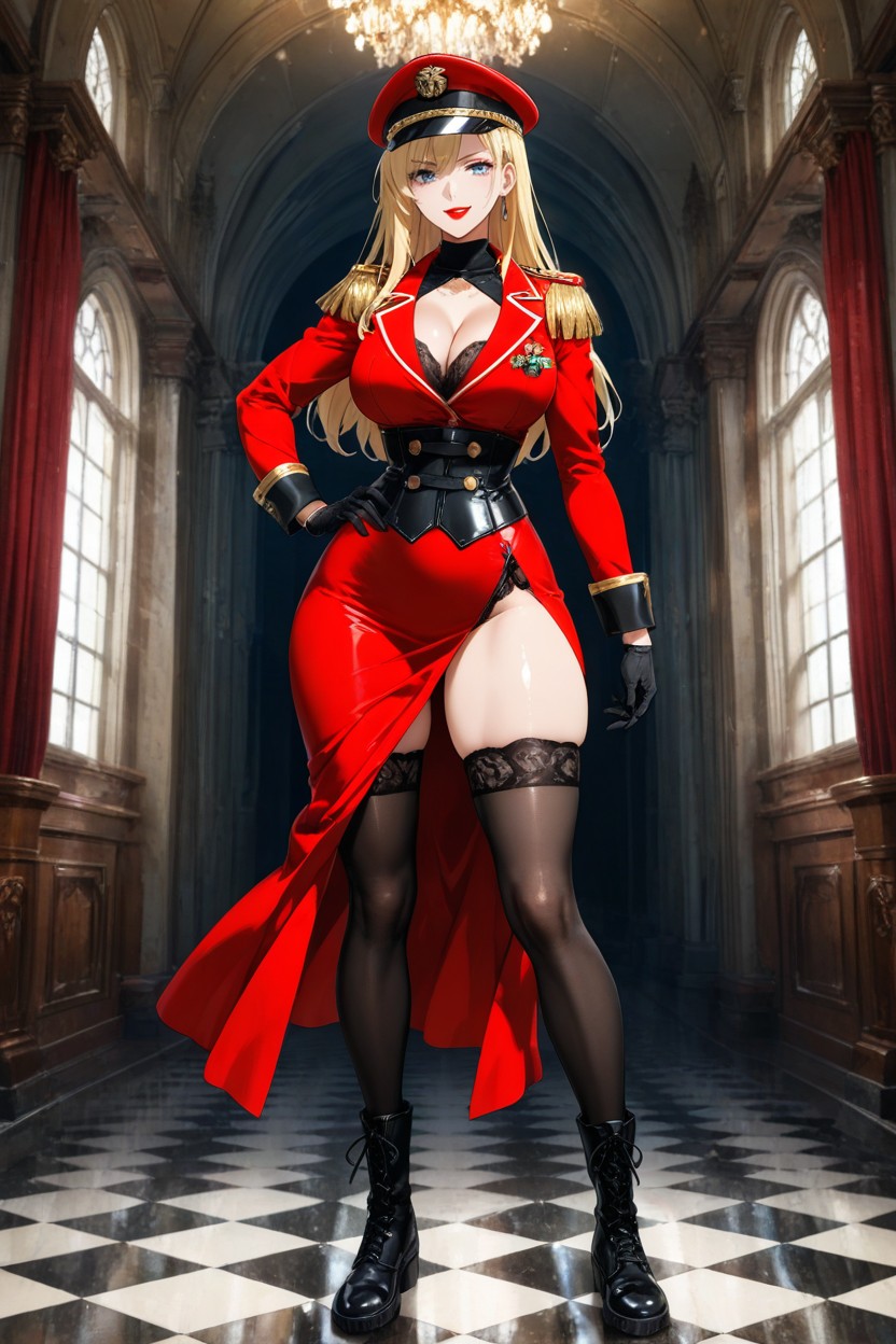 And A Matching Structured Red Military Peaked Cap Adorned With A Gold Eagle Insignia Set Inside A Grand, Curvaceous Woman With A Voluptuous Hourglass Physique, Fit Hentai AI Porn