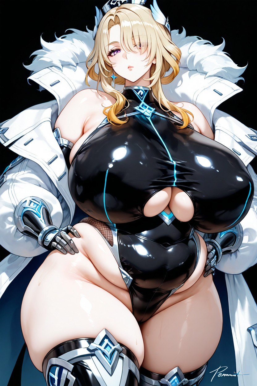 Wearing Excessively Fat Shining Silver Technologic Black And White Taimanin Bodysuit, Freminet From Genshin Impact Head Accessories, Wide Fat Waist Hentai AI Porn