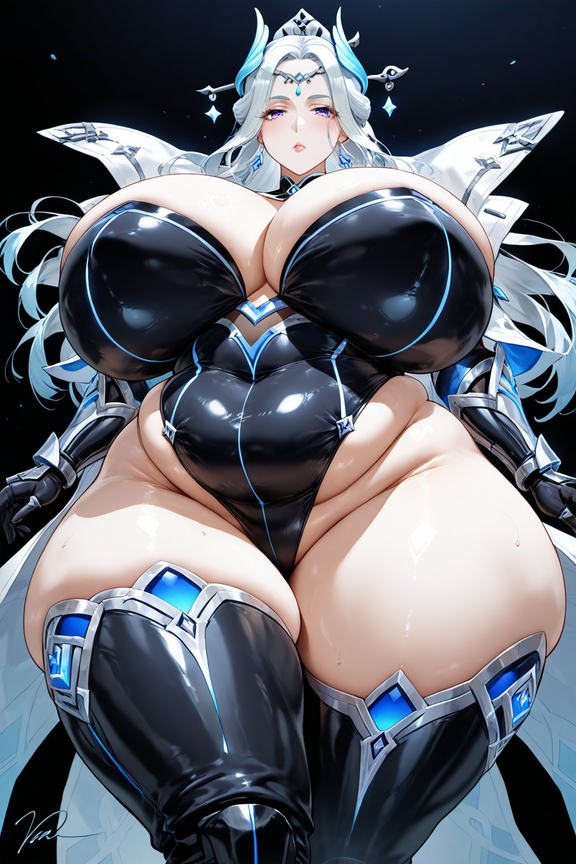 Hyper Excessively Fat Idyia From Genshin Impact, Idyia From Genshin Impact Head Accessories, Completely Black Empty Void Background Hentai AI Porn