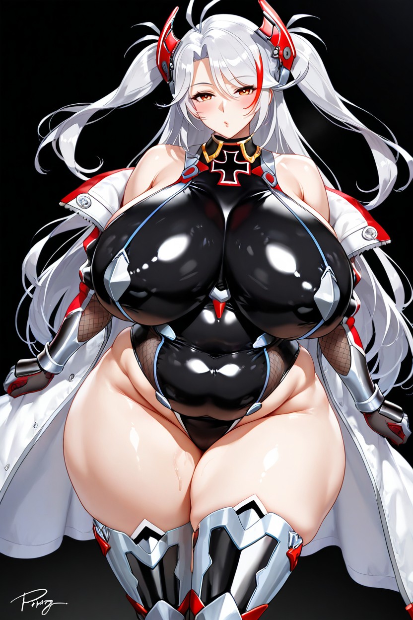 25+, Bbw, Wearing Excessively Fat Shining Silver Technologic Black And White Taimanin Bodysuit Hentai AI Porn