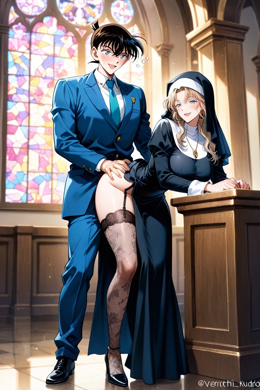 Nun, Medium Breast, Wearing Black Nun Habit Hentai AI Porn